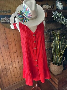 Red Button-Front Ruffle Hem Midi Dress